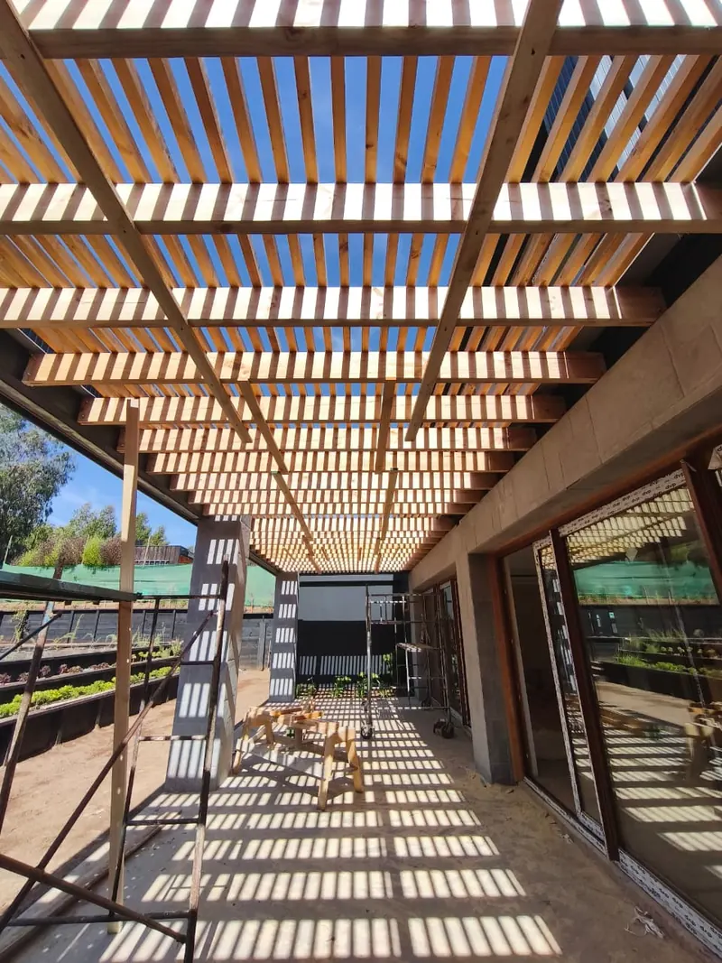 Estructura de pergola de madera sobre terraza, vista desde abajo