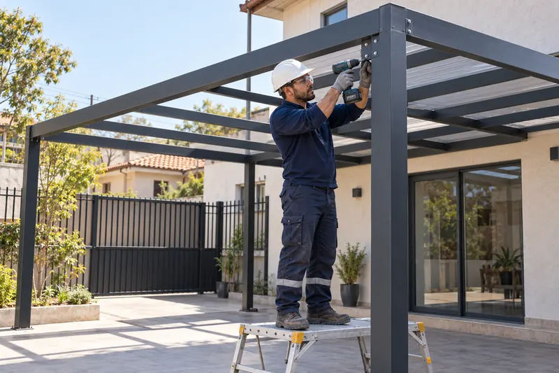 Maestro instalando una estructura metálica para techo de patio (imagen referencial)