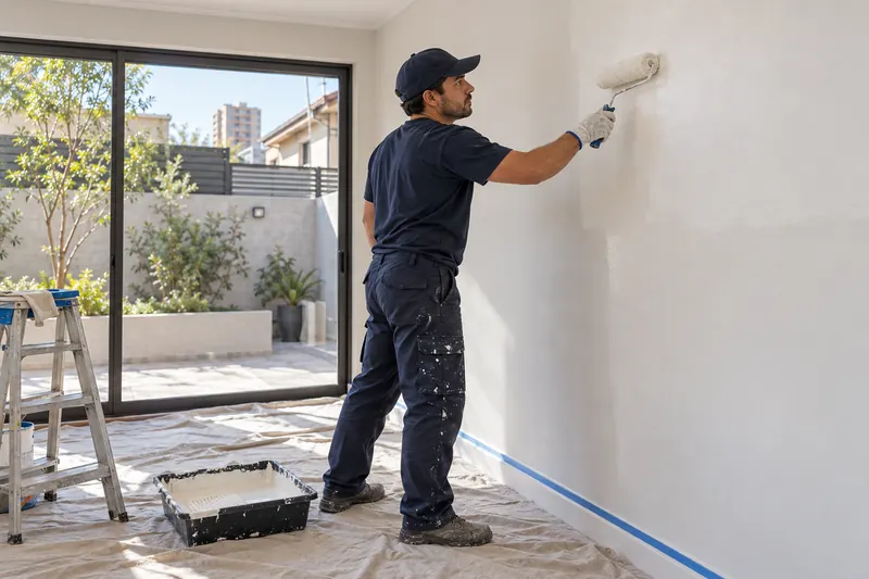 Pintor aplicando pintura blanca con rodillo en un muro interior (imagen referencial)