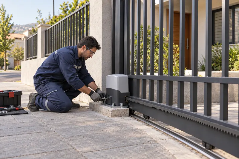 Técnico instalando el motor de un portón corredizo automático (imagen referencial)